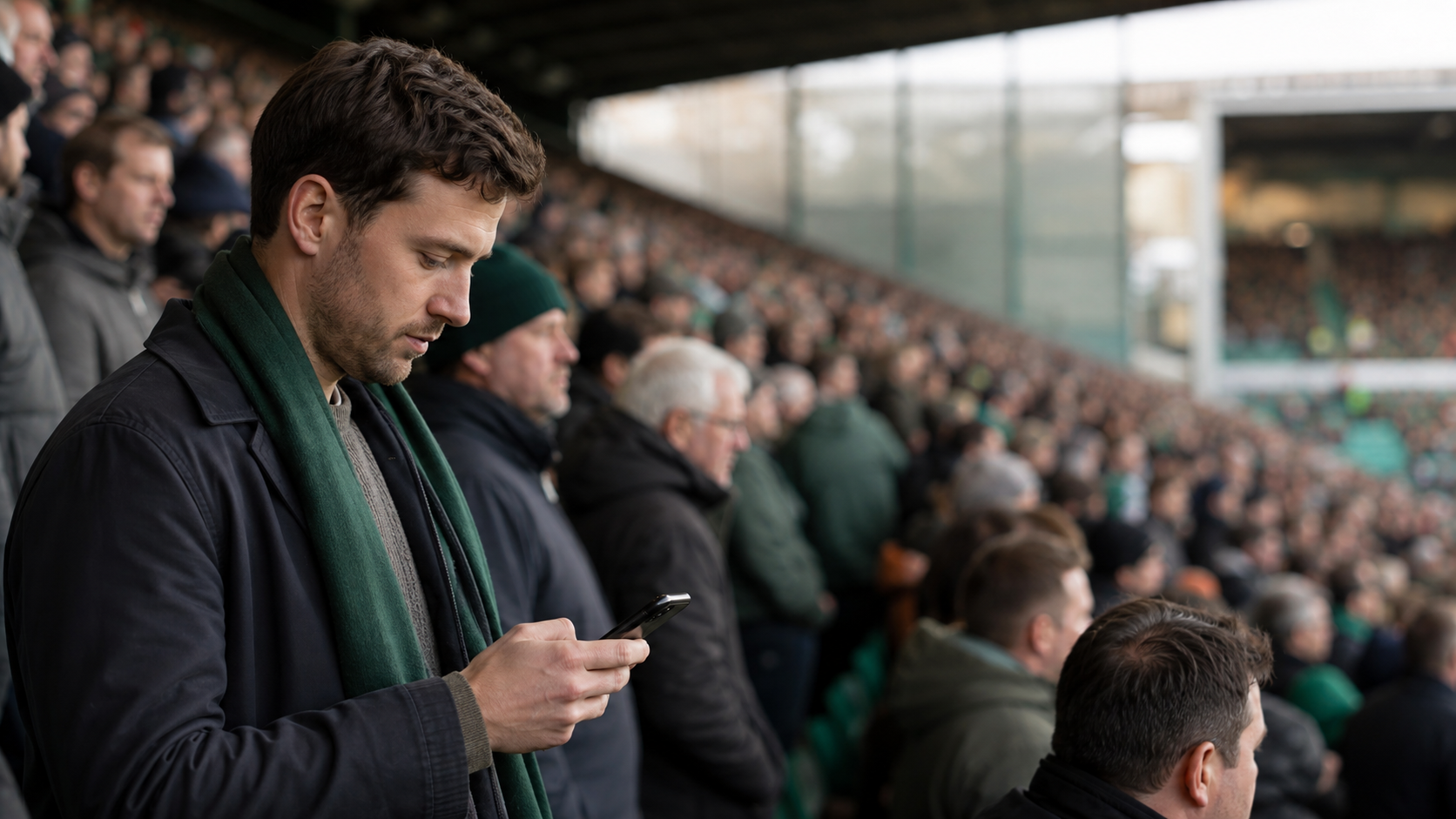 Football supporter checking an in-play alert on his phone in the stands